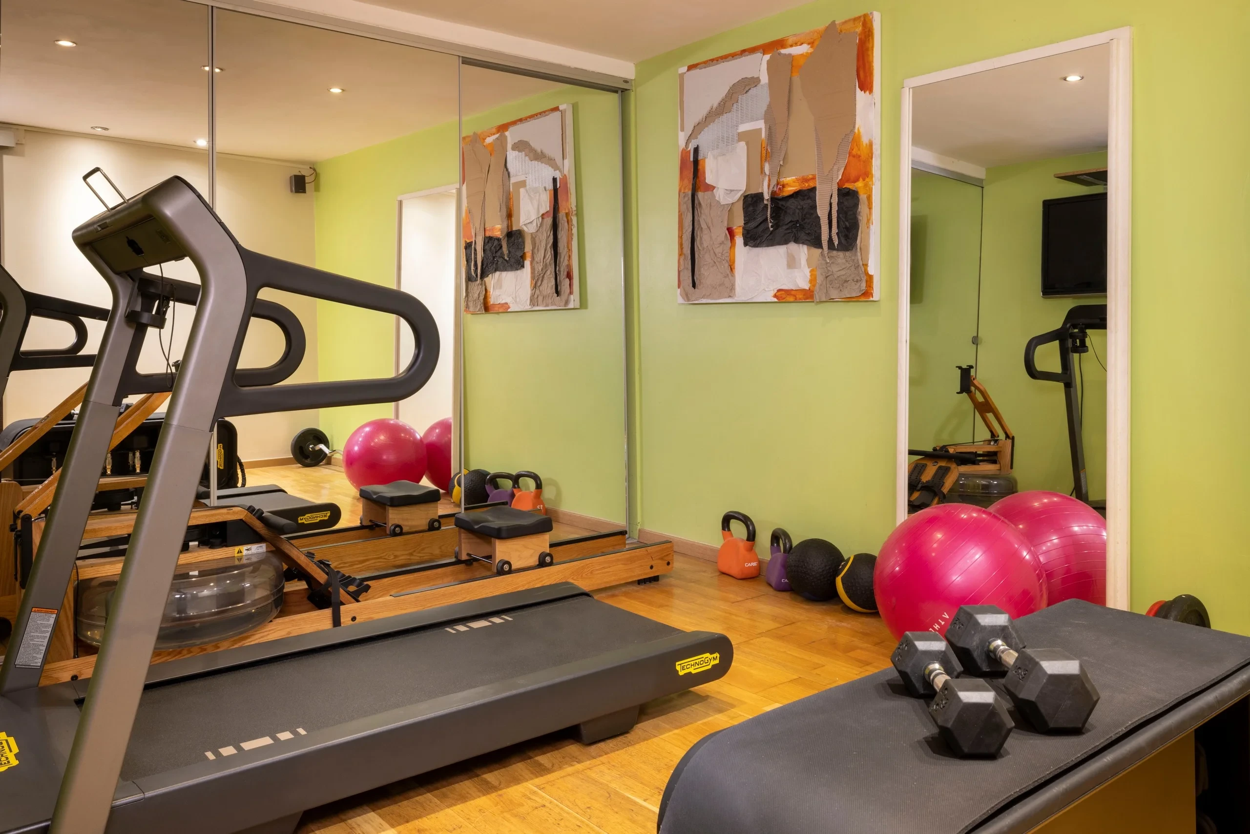Salle de fitness avec tapis de course, rameur en bois et haltères devant de grands miroirs.