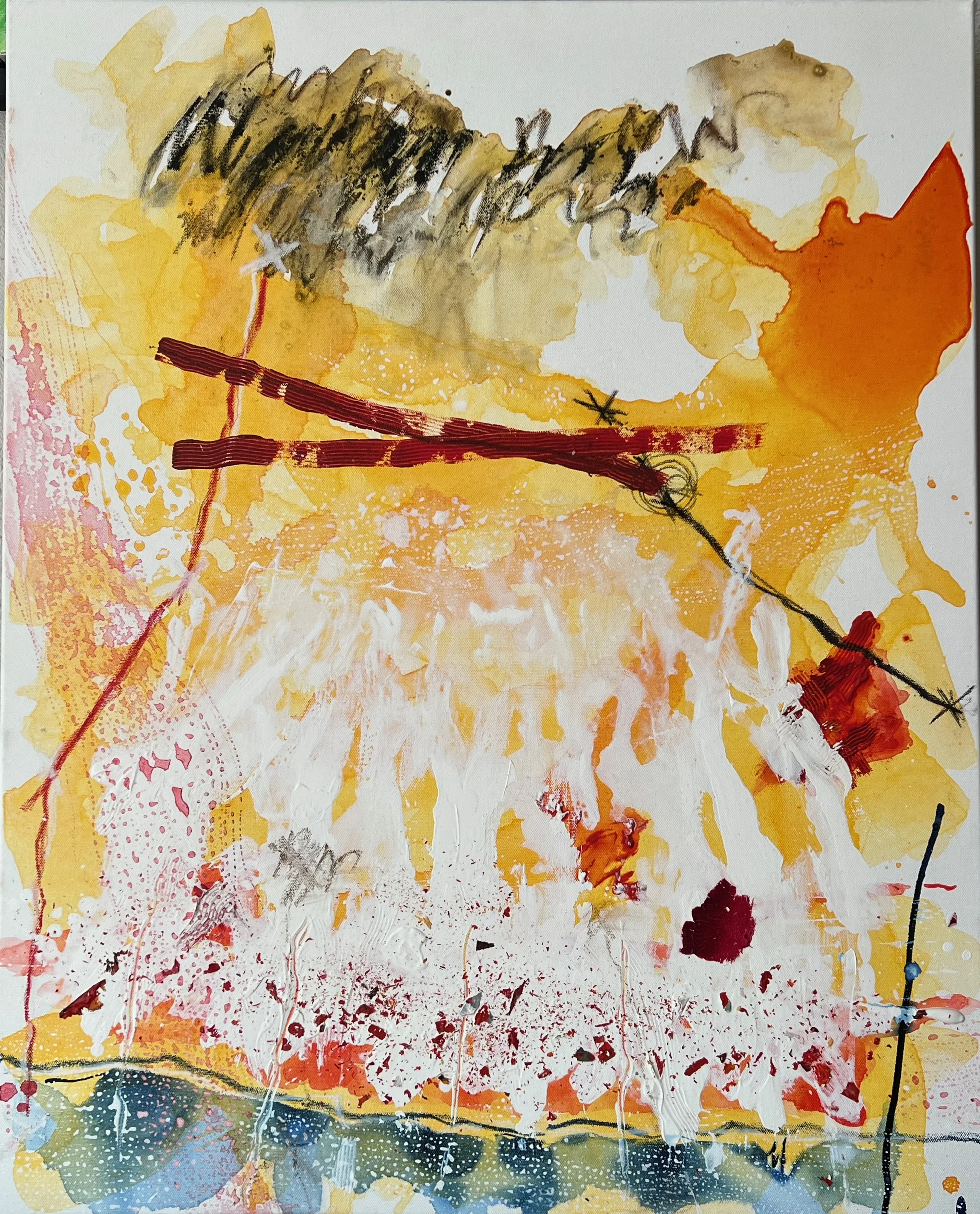 Peinture abstraite jaune et orange, traversée de traits bordeaux et noirs et de coulures blanches.