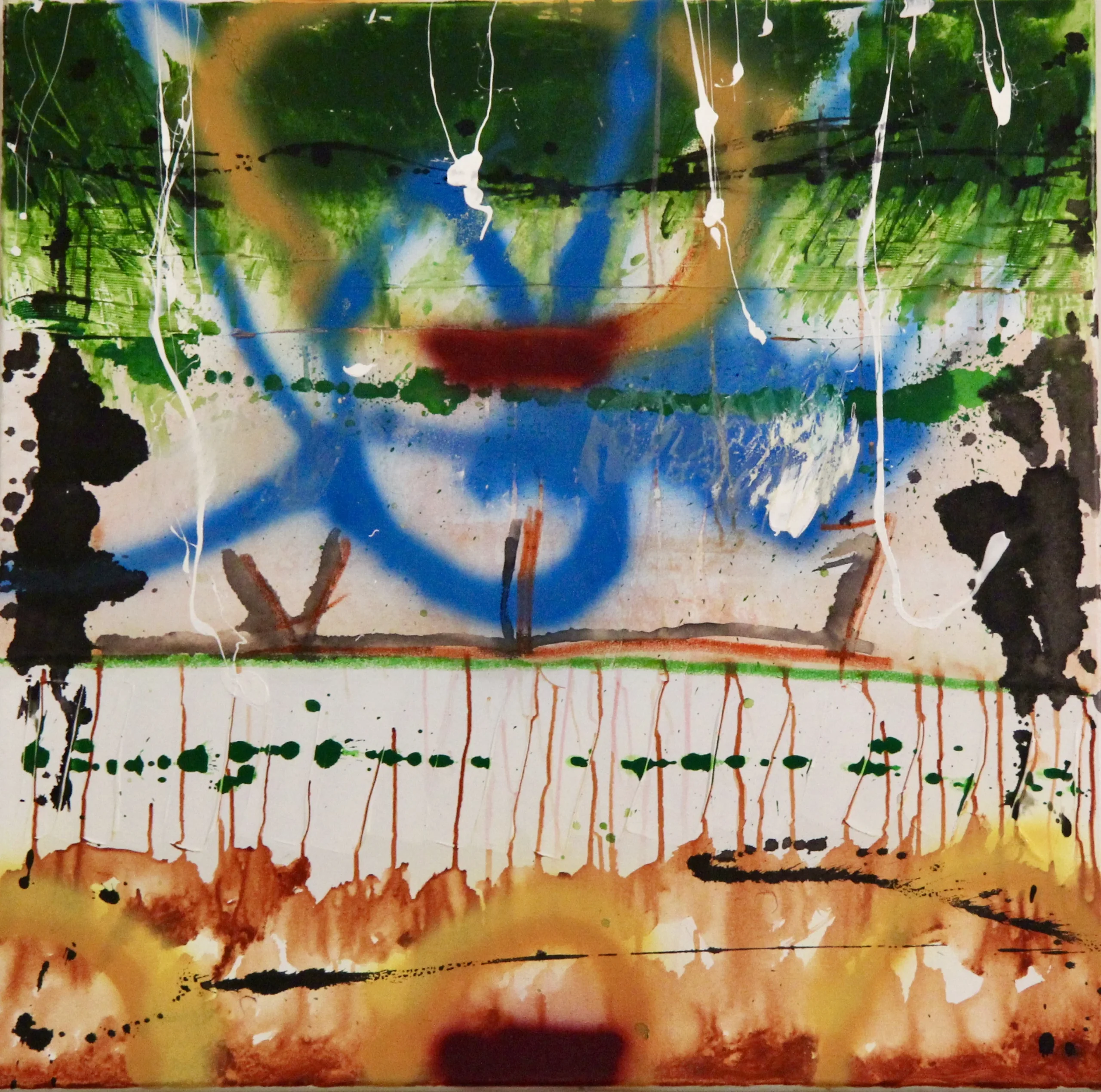 Composition abstraite aux aplats verts et bleus, aux coulures blanches et aux touches orangées, présentée dans la galerie d'art contemporain à Paris.