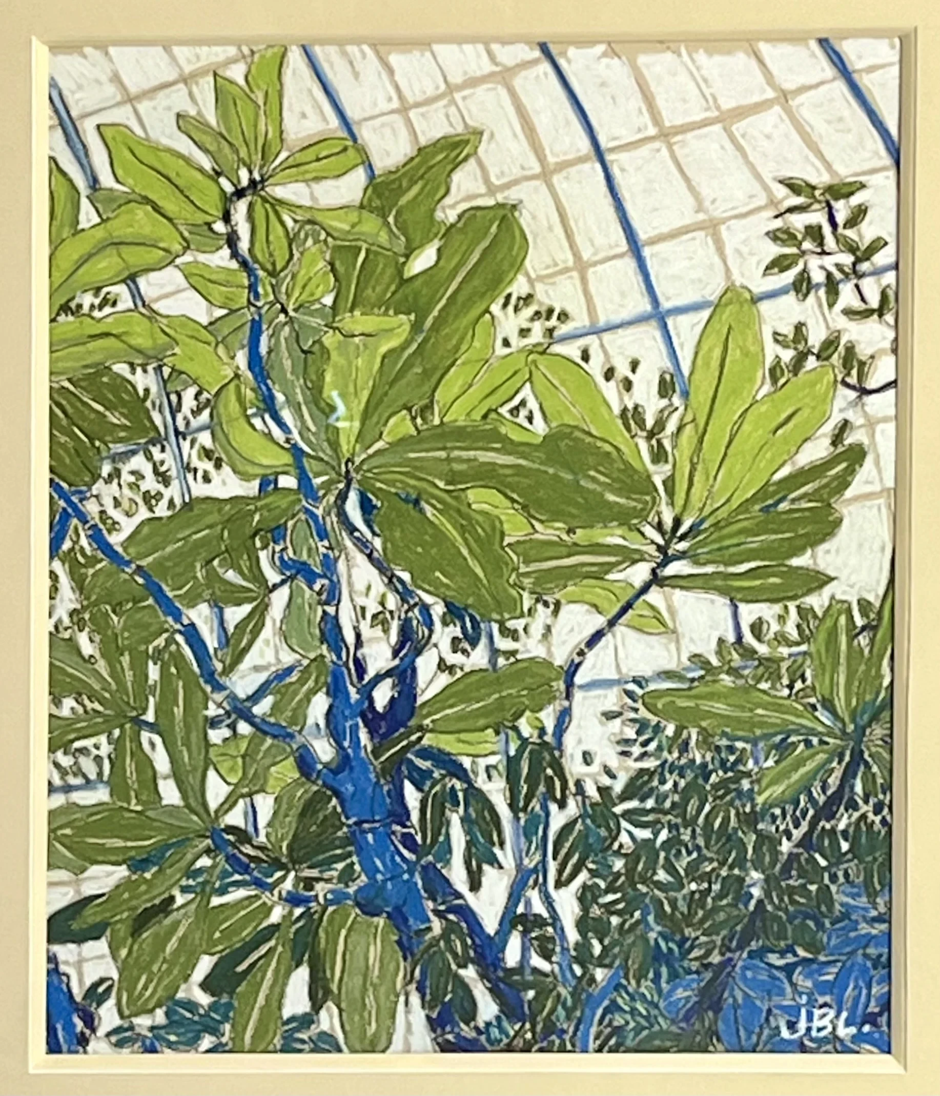 Tableau de feuillages verts aux branches bleues à MAISON LAVAUD - Paris, hôtel d’art à Paris.